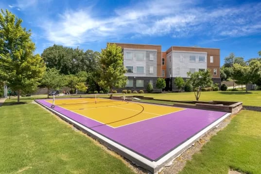 Multi-colored court with buildings and trees exterior at GrandMarc Clemson in Clemson Student Accommodation