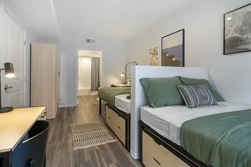 Two beds desk and artwork student bedroom at IDENTITY Logan Park in Berkeley Student Accommodation