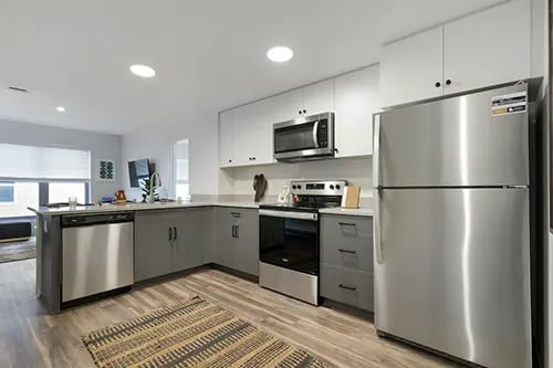 Modern kitchen with stainless steel appliances and island kitchen at IDENTITY Logan Park in Berkeley Student Accommodation