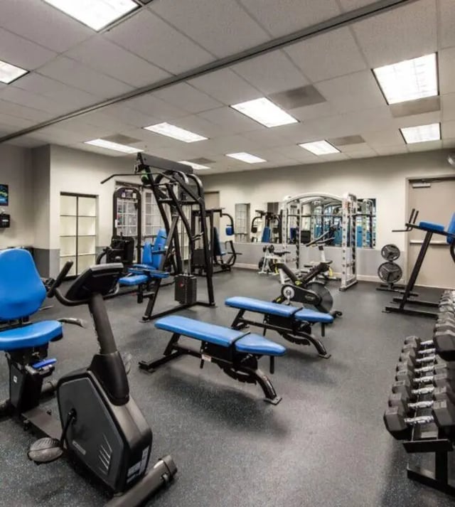 Workout machines benches and dumbbells gym area at GrandMarc at University Village in Riverside Student Accommodation