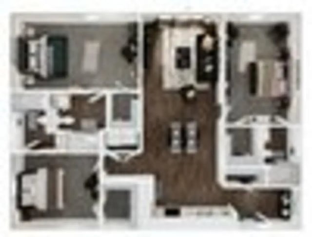 Layout with beds living area and kitchen floor plan at The Grove Apartments Ames in Ames Student Accommodation