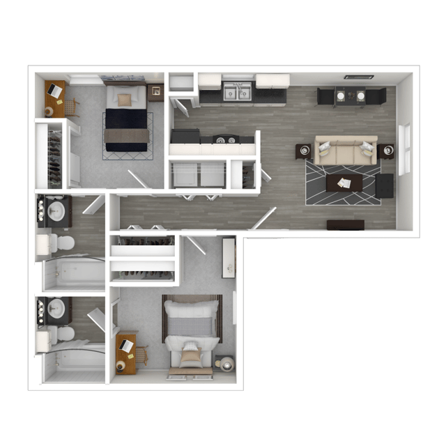 Two bedrooms two bathrooms kitchen living room floor plan at The Verge in Orlando Student Accommodation
