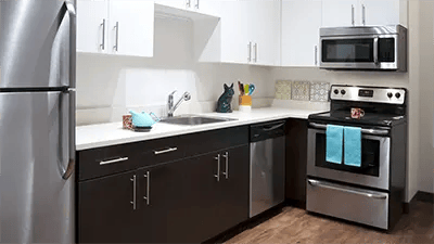 Stainless steel appliances and dark cabinets kitchen at INFINITE in Chicago Student Accommodation