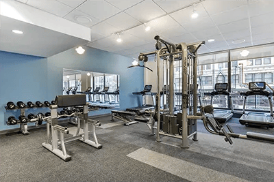 Dumbbells weight machines treadmills fitness center at INFINITE in Chicago Student Accommodation