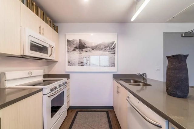 White appliances countertop artwork and vase kitchen at Malibu Tucson Apartments in Tucson Student Accommodation