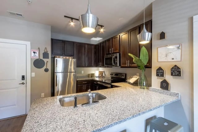 Stainless steel refrigerator dark cabinets granite countertop kitchen at The Eastern On 10th in Greenville Student Accommodation