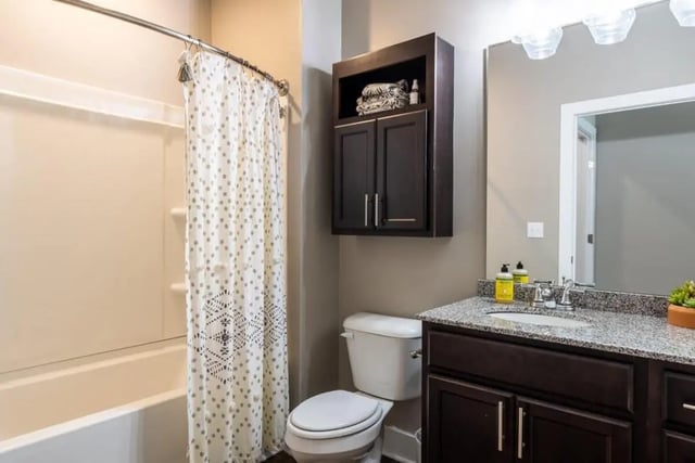 Toilet shower cabinet countertop and sink bathroom at The Eastern On 10th in Greenville Student Accommodation