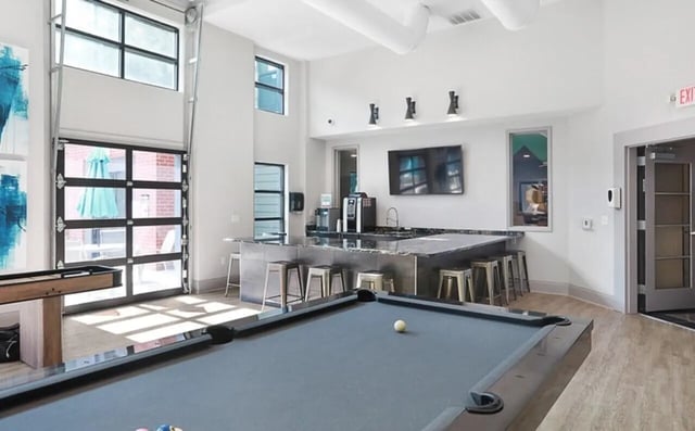Pool table counter coffee maker gaming area at Greene Crossing in Columbia Student Accommodation