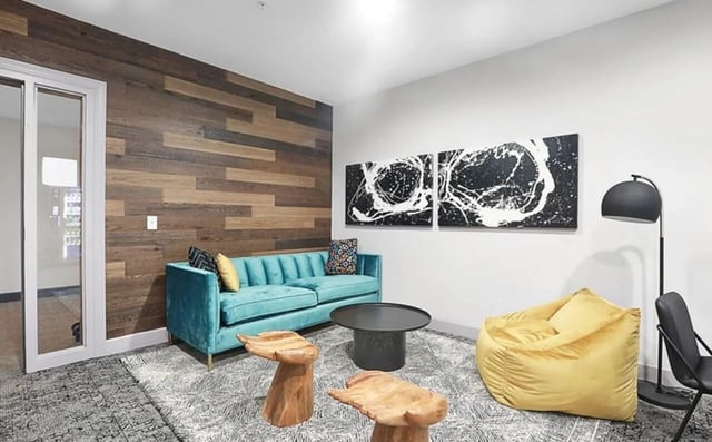Turquoise couch black tables abstract art yellow bean bag living room at Greene Crossing in Columbia Student Accommodation