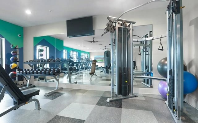 Gym equipment dumbbells mirrors and exercise balls gym at Greene Crossing in Columbia Student Accommodation