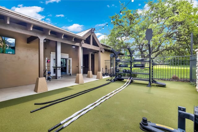 Workout equipment ropes and rack gym exterior at The Ranch Student Apartments in San Marcos Student Accommodation