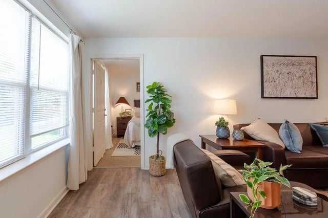 Leather couch plants lamp open doorway living room bedroom at The View Apartments in State College Student Accommodation