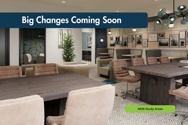 Large tables chairs plant art New Study Areas at The View Apartments in State College Student Accommodation
