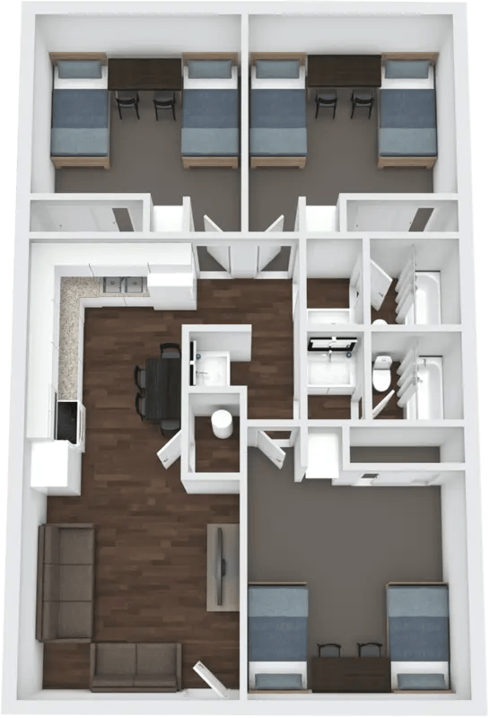 Four beds desks kitchen bathrooms living area floorplan at Alpine Chalet in Rexburg Student Accommodation