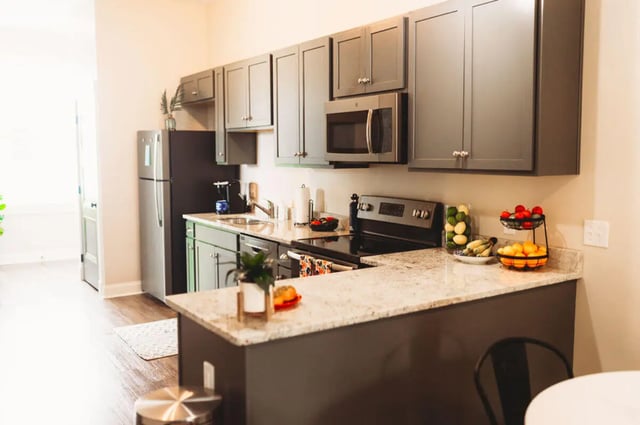 Modern kitchen with stainless steel appliances and granite counters kitchen at College Corners on High in Farmville Student Accommodation