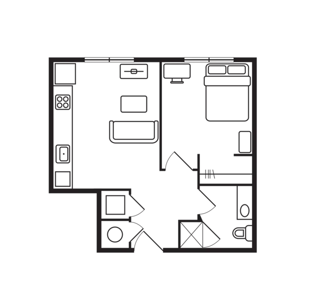 Floor plan with windows beds kitchen and bathroom floor plan at 8N Lofts in Lincoln Student Accommodation
