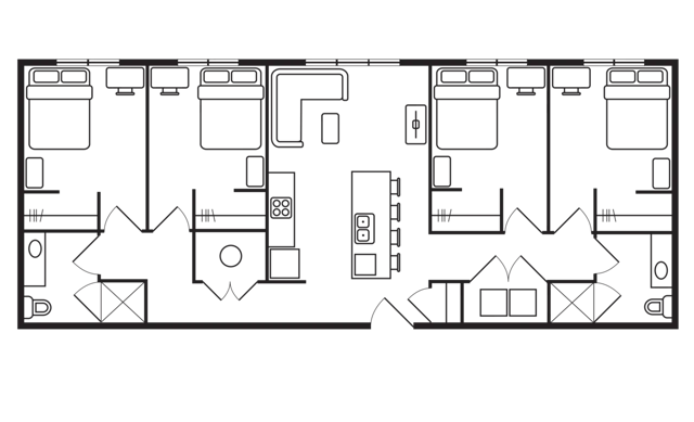 Floor plan with four bedrooms and a common area. at 8N Lofts in Lincoln Student Accommodation