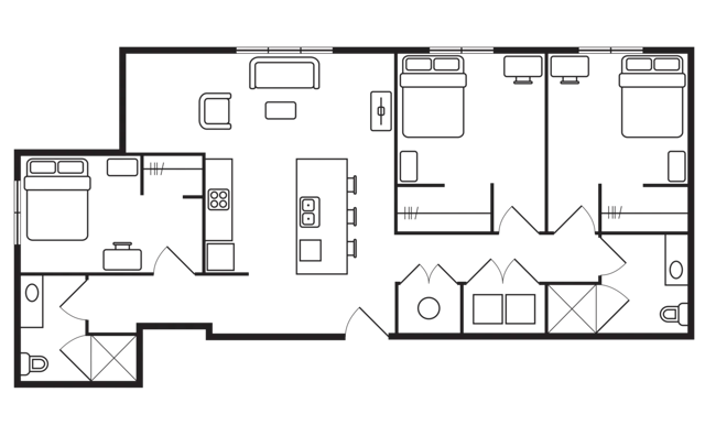 Floor plan with multiple bedrooms kitchen and living area Floor plan at 8N Lofts in Lincoln Student Accommodation