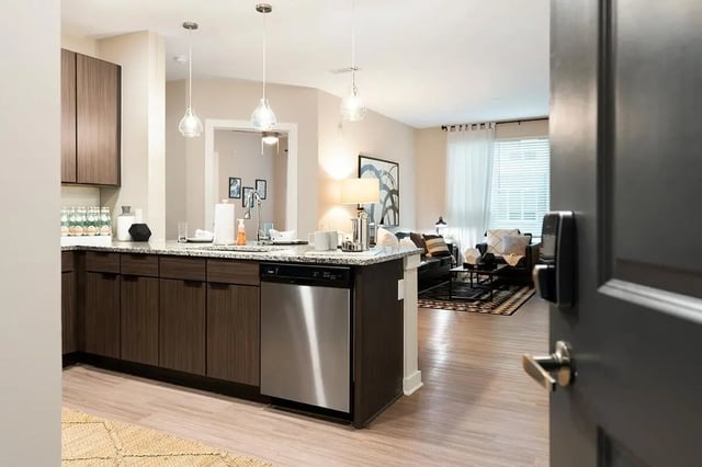 Modern kitchen with cabinets dishwasher living room living room at The Indy in Marietta Student Accommodation