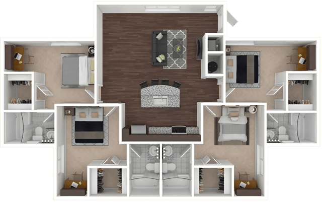 Four bedrooms shared living kitchen and bathrooms exterior at The Reef Student Living in Fort Myers Student Accommodation