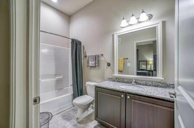 Tub toilet vanity mirror and lighting bathroom at University Edge Apartments in Akron Student Accommodation