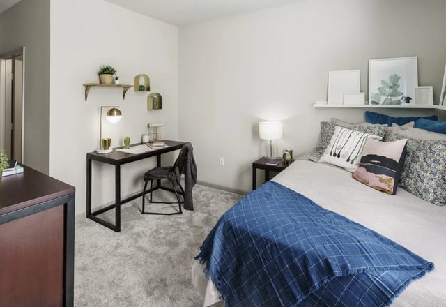 Desk chair lamp shelves with plants and bed bedroom at The Summit at Coates Run in Athens Student Accommodation