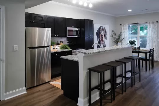 Stainless steel refrigerator black cabinets breakfast bar kitchen at Knox Ridge in Knoxville Student Accommodation