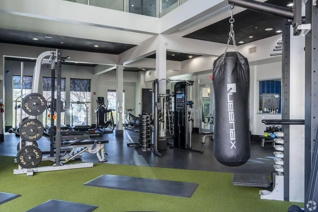 Weight rack punching bag treadmills fitness center. at The Republic in Reno Student Accommodation