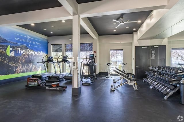 Treadmills elliptical rower weights and bench gym at The Republic in Reno Student Accommodation