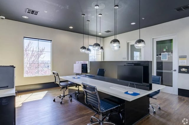 Computer desks and chairs with modern lighting Study area at The Republic in Reno Student Accommodation
