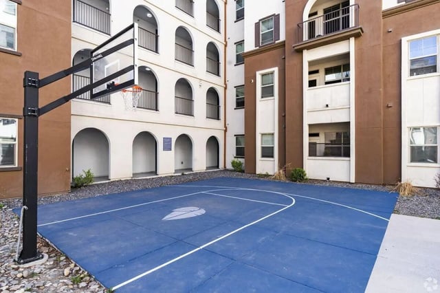 Basketball court with hoop exterior at The Republic in Reno Student Accommodation