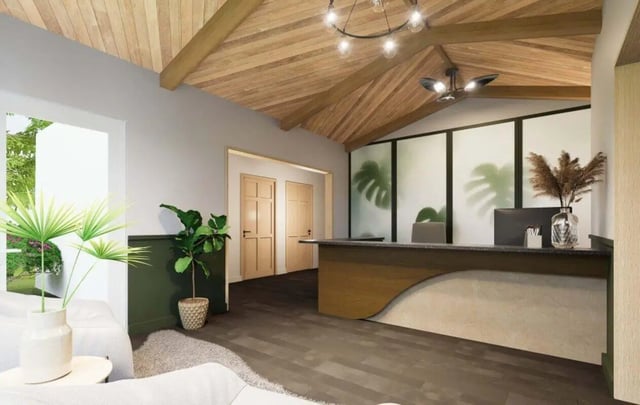 Desk with plants doors and wood ceiling lobby at Market 100 in Statesboro Student Accommodation