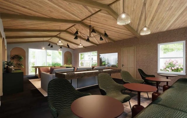 Game table with seating and lounge area living room at Market 100 in Statesboro Student Accommodation