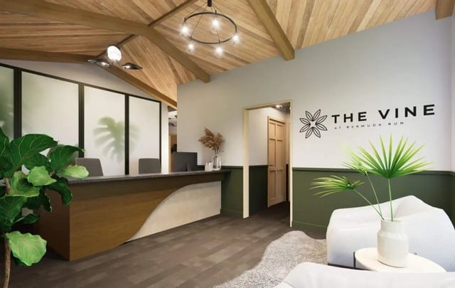 Reception desk with chairs plant logo lobby at Market 100 in Statesboro Student Accommodation