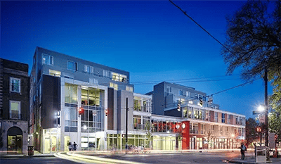 Modern student accommodation building exterior night exterior at The View on High in Columbus Student Accommodation