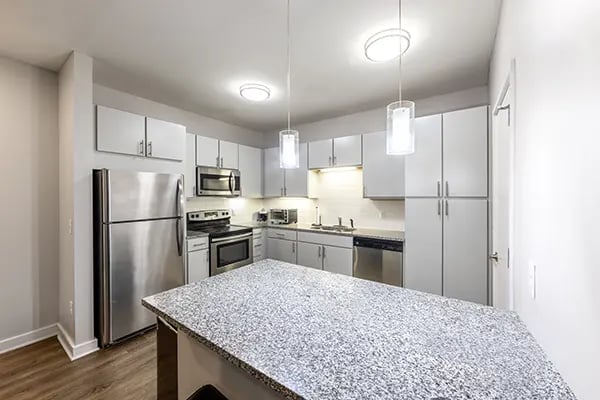 Modern kitchen with stainless steel appliances and island Kitchen at The View on High in Columbus Student Accommodation
