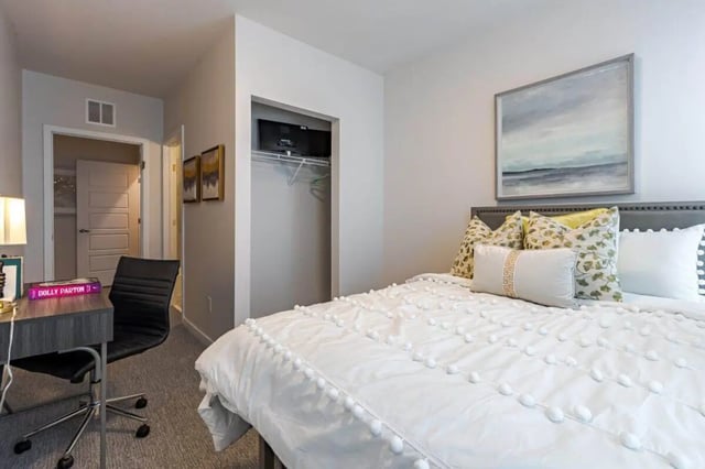 Bed desk closet with TV bedroom at Hoffler Place in Charleston Student Accommodation