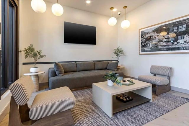 Sofa coffee table chairs and artwork living room at Hoffler Place in Charleston Student Accommodation