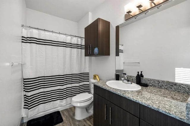 Toilet shower curtain sink vanity cabinet bathroom at Holleman Crossing in College Station Student Accommodation