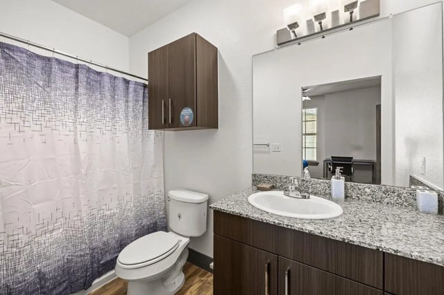 Toilet sink cabinet shower curtain bathroom at Holleman Crossing in College Station Student Accommodation