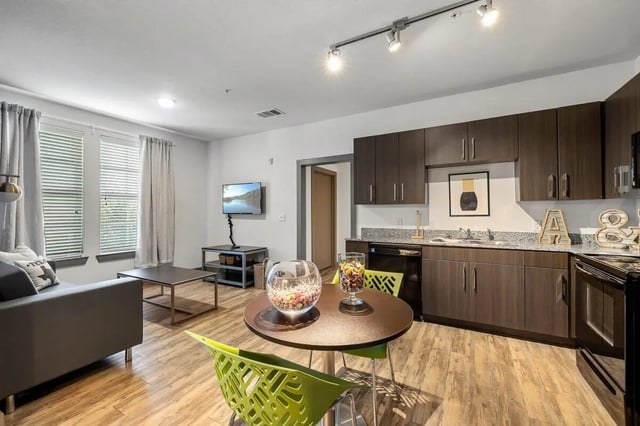 Sofa television dining table and dark kitchen living room at Holleman Crossing in College Station Student Accommodation