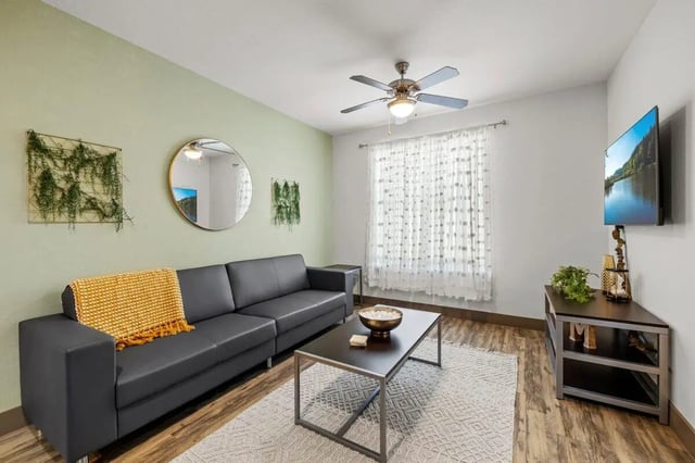 Sofa coffee table television plant decor living room at Holleman Crossing in College Station Student Accommodation