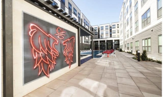 Neon wings artwork beside pool lounge chairs exterior at The Carlton House in Lubbock Student Accommodation