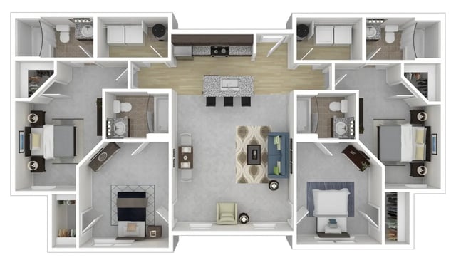 Four bedrooms kitchen living room and bathrooms floor plan at University Edge Youngstown in Youngstown Student Accommodation