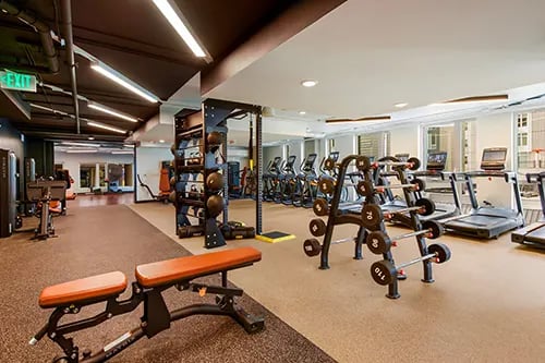 Weight bench treadmills exercise machines weights gym at HERE Seattle in Seattle Student Accommodation