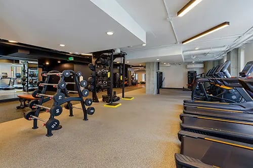 Weight racks treadmills mirrors gym area at HERE Seattle in Seattle Student Accommodation