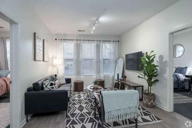 Sofa TV plant rug mirror living room exterior at Paloma Kent in Kent Student Accommodation