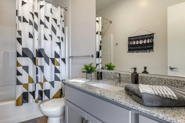 Geometric shower curtain toilet and vanity bathroom at Paloma Raleigh in Raleigh Student Accommodation