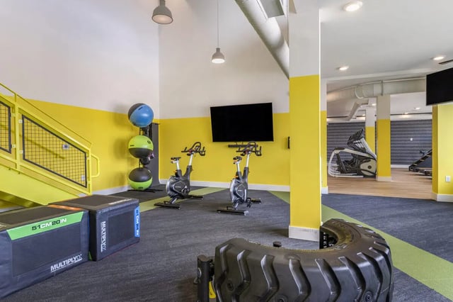Spin bikes exercise balls weight boxes fitness gym at Paloma Raleigh in Raleigh Student Accommodation