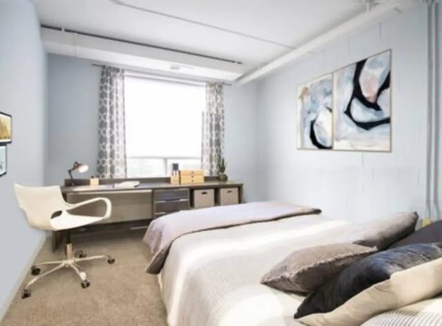 Bed desk chair artwork and window bedroom at HH Cresmont Apartments in Baltimore Student Accommodation